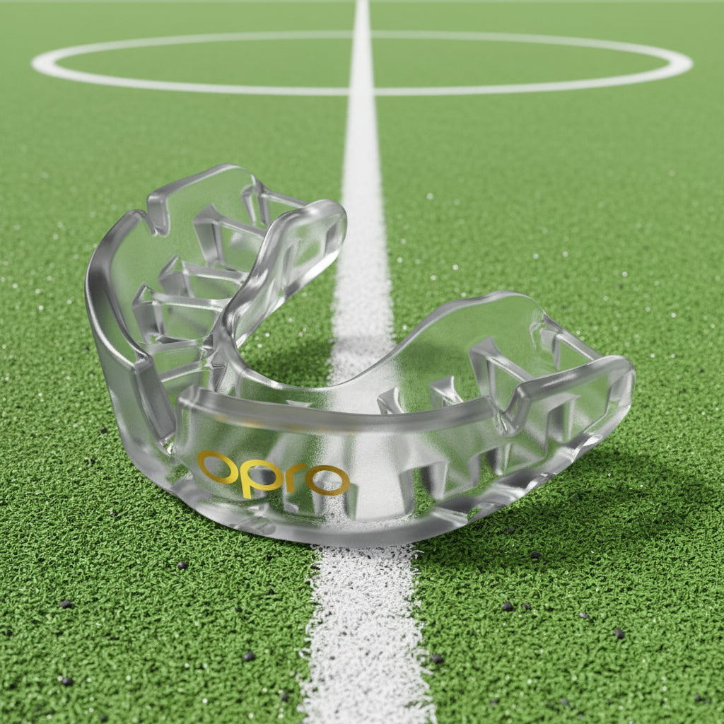 Clear mouthguard with 'Opro' branding on a white background