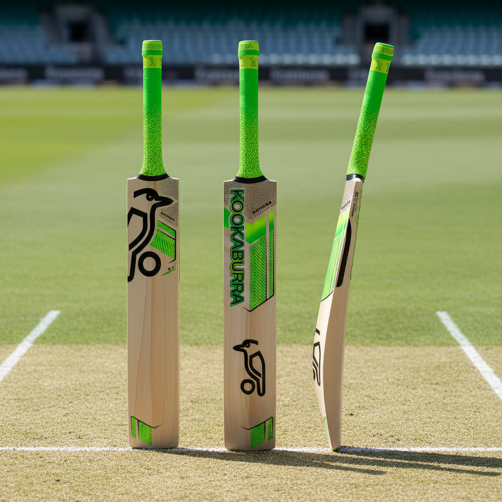 Two cricket bats with green handles and Kookaburra branding on a white background