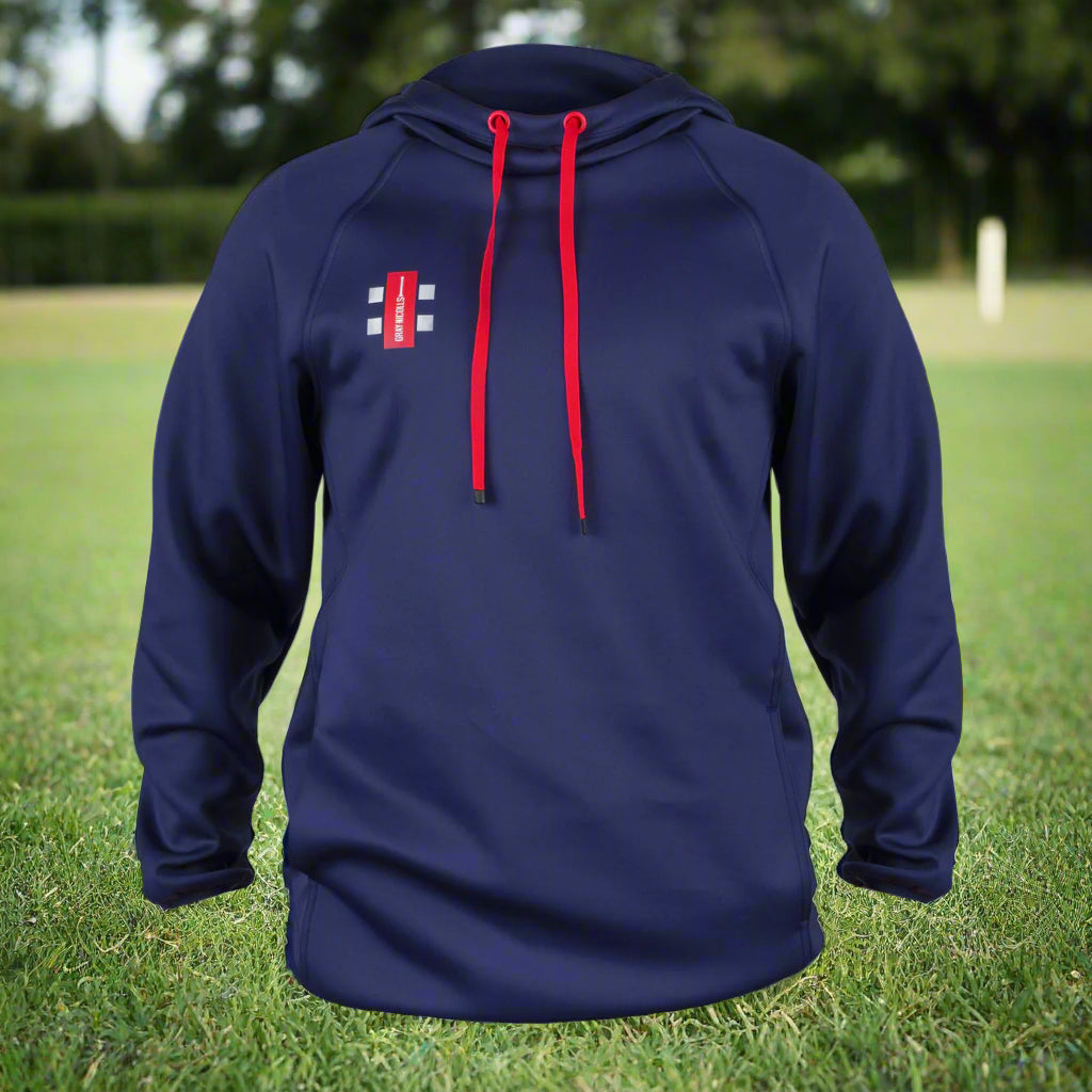 Navy blue hoodie with red drawstrings on a white background