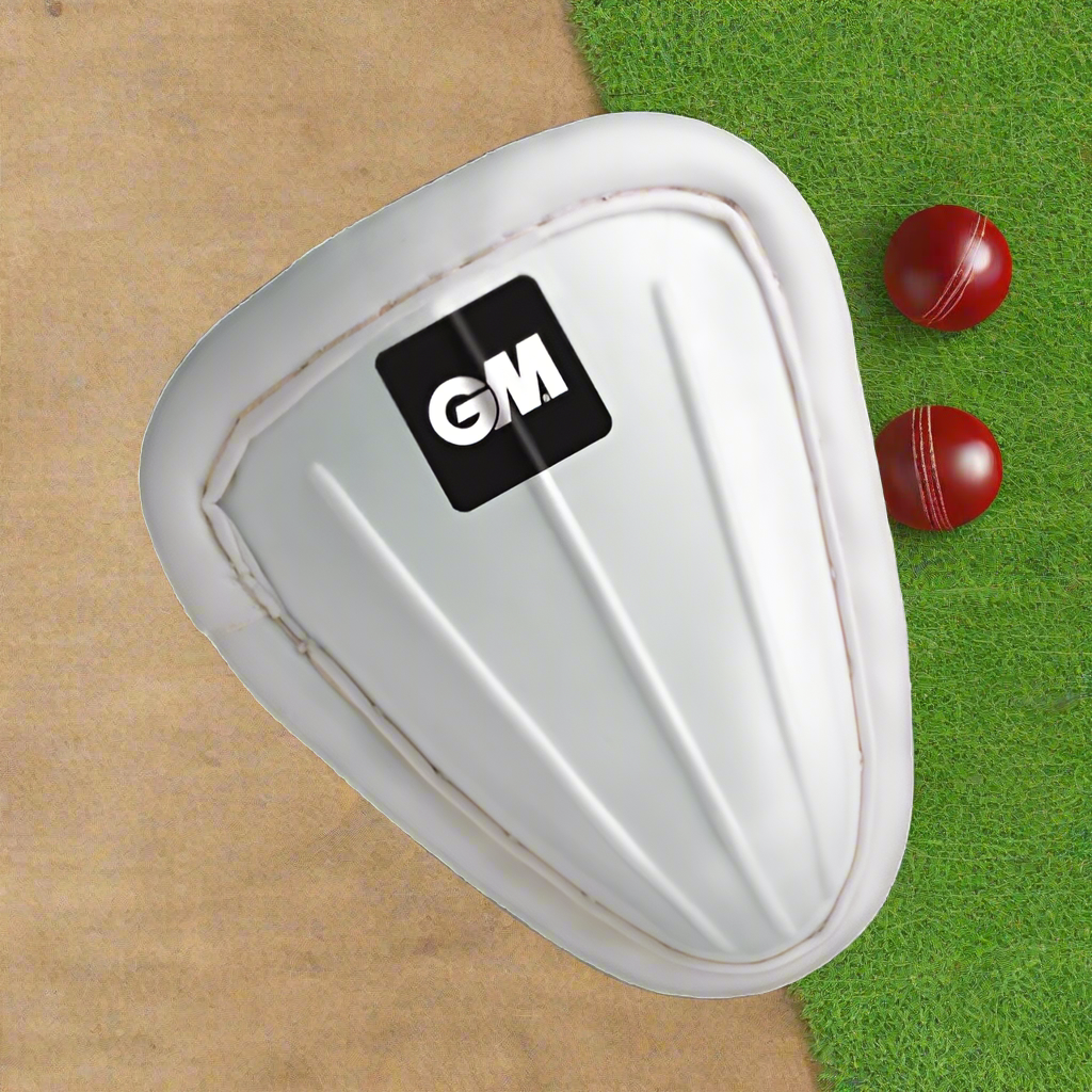 A traditionally shaped abdominal padded guard with the logo 'gm' on the front.