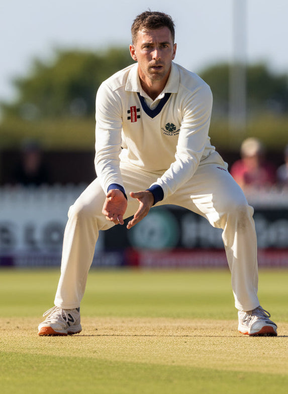 Cricketer in white uniform on a cricket field with blurred spectators in the background