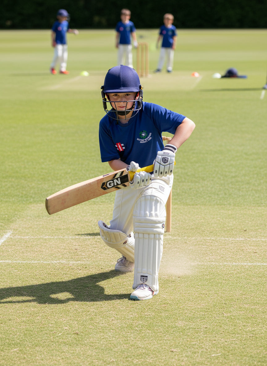 A navy blue Gray-Nicolls Sutton Coldfield CC training shirt for juniors displayed on a hanger, featuring short sleeves and a logo on the chest.