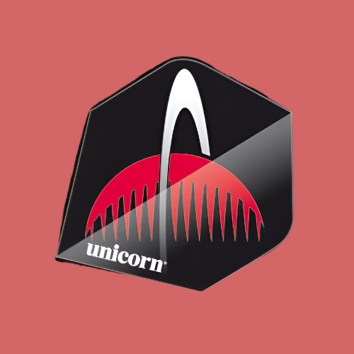A dart flight from Unicorn with red and white geometric design on a black background, and the Unicorn brand name at the bottom.