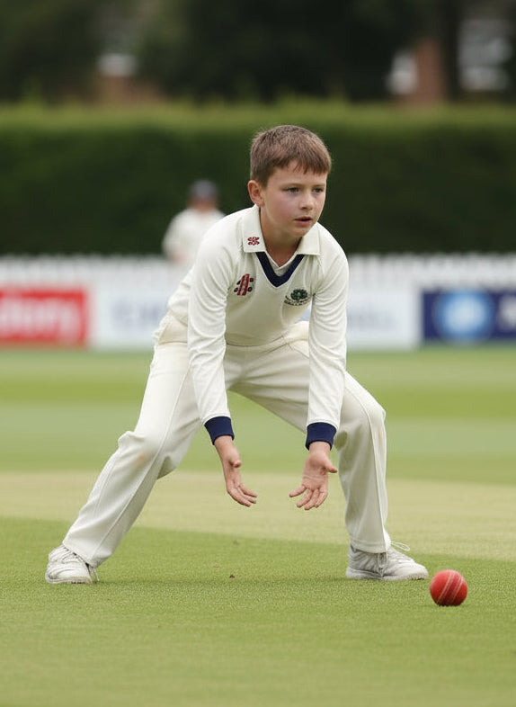 A junior's long-sleeved white cricket sweater with navy trims and an embroidered badge on the chest, displayed on a hanger.
