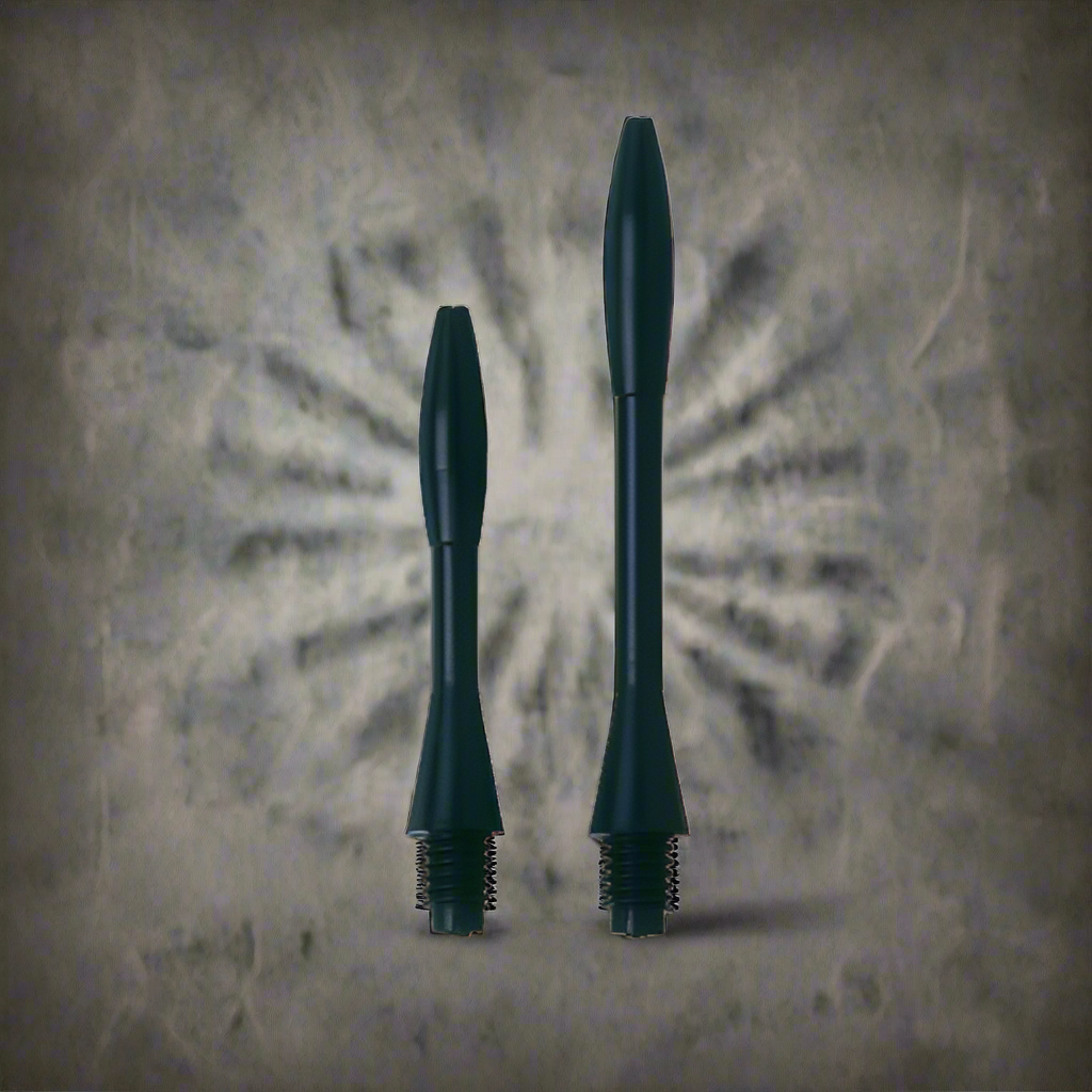 Two black dart shafts of different lengths with threaded ends, isolated on a white background.