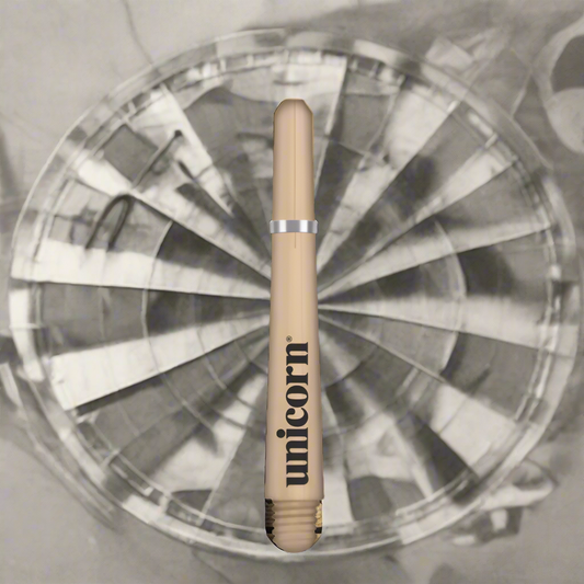 Beige dart shaft with 'unicorn' branding on a white background