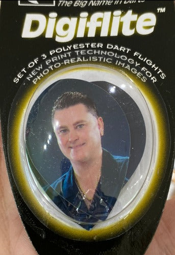 A pack of three white dart flights with a set of new photo images for the branding.