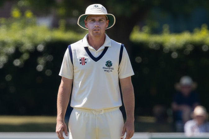 Cricketer in white uniform on a cricket field with advertisements in the background