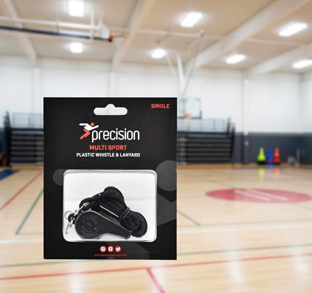 A black plastic whistle with a lanyard packaged in a clear plastic blister pack with the Precision brand visible on the packaging.