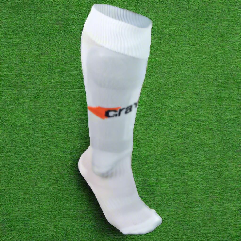 A pair of white Grays brand hockey socks with extra wide calves and a logo on the side.