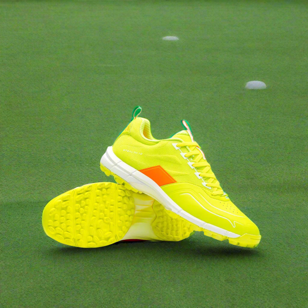 Bright yellow running shoes with a white sole on a light gray background