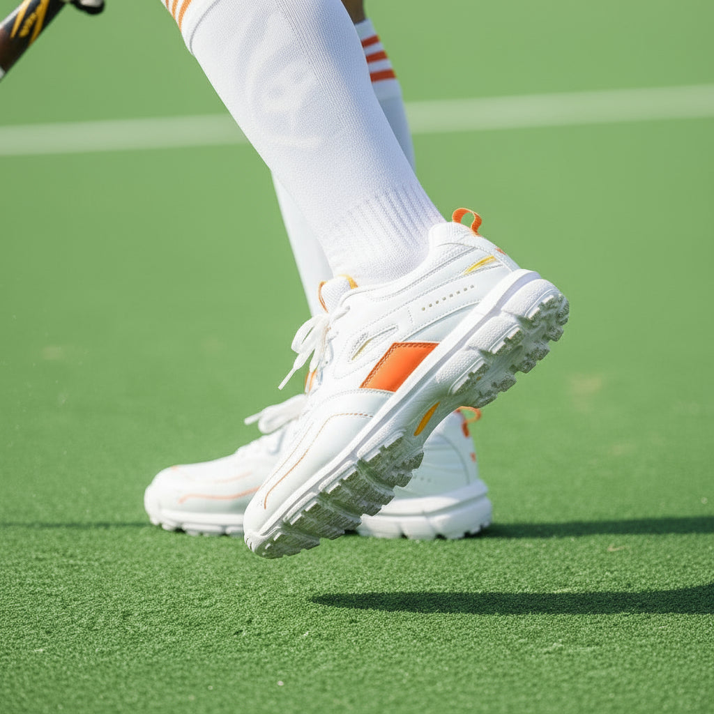 White sports shoes with orange accents on a light gray background