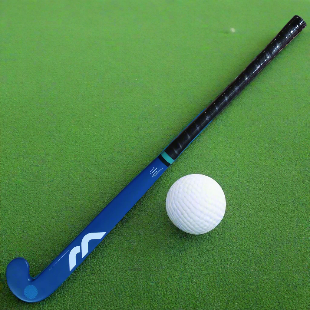 A blue field hockey stick with a black grip on the handle and a natural wood color on the shaft.