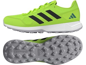 Green Adidas running shoes with black stripes on a white background