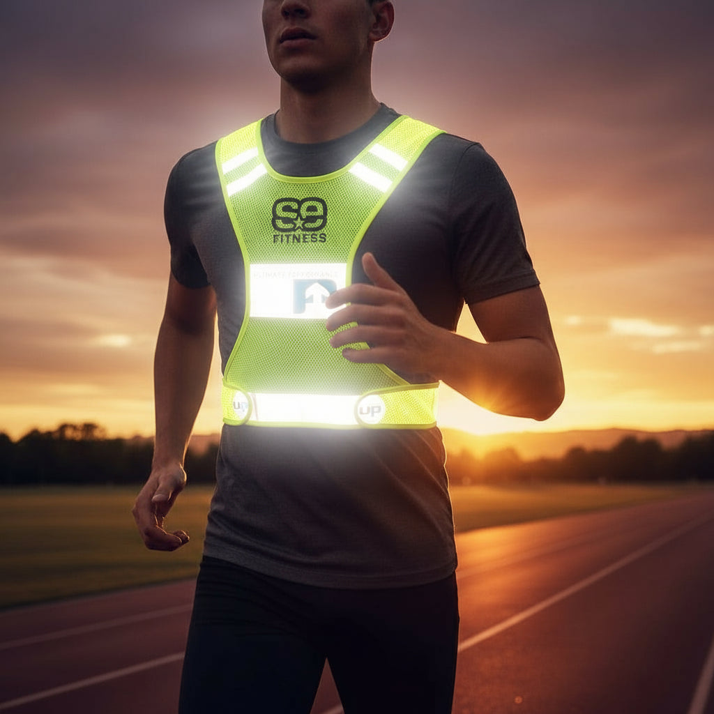A yellow reflective race vest with the brand logo 'SE Fitness' and the word 'ULTIMATE PERFORMANCE' on the chest area. It has adjustable velcro tabs and is shown on a mannequin torso.