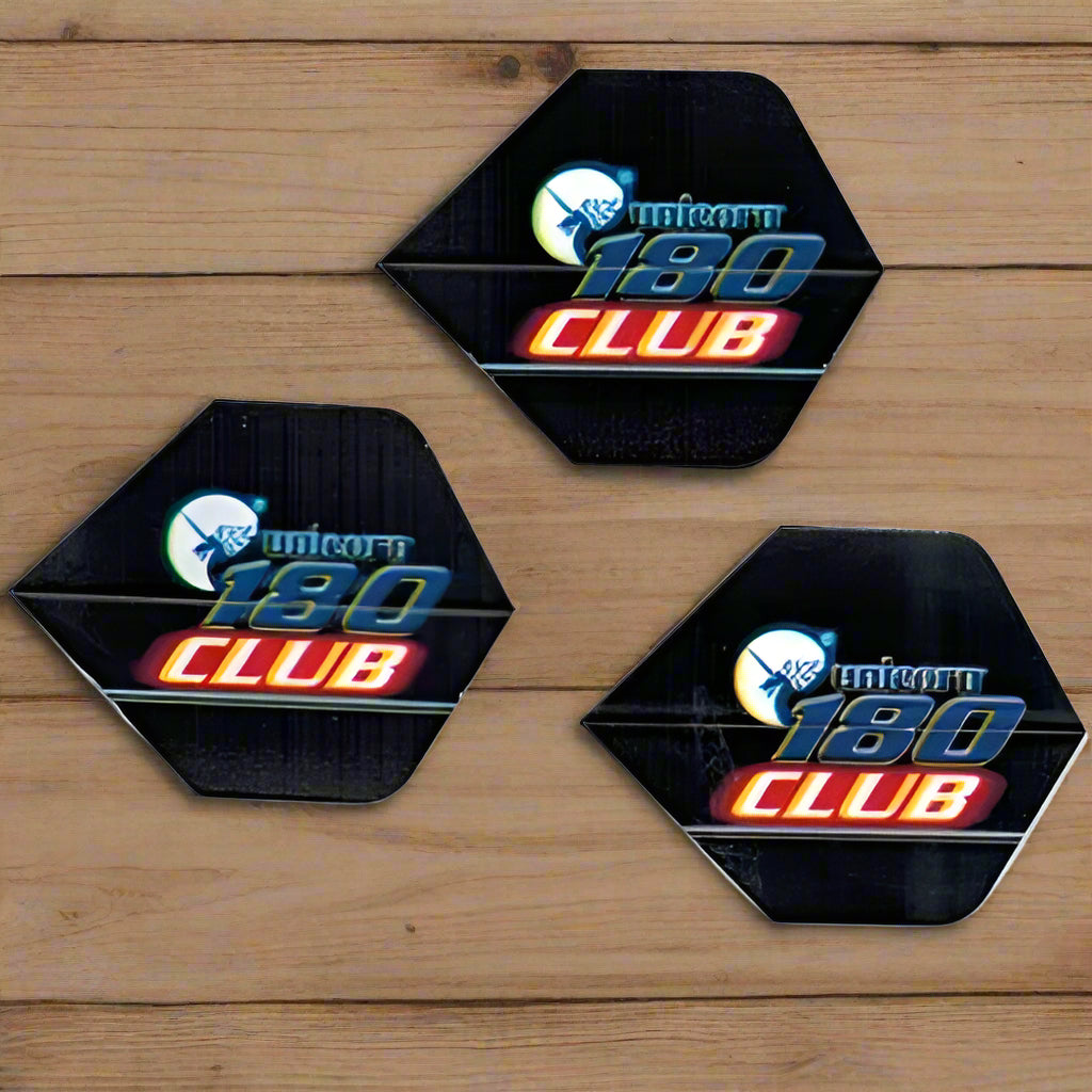 Three black dart flights with '180 CLUB' and 'MULTICORE' logos in blue and red on a white background.