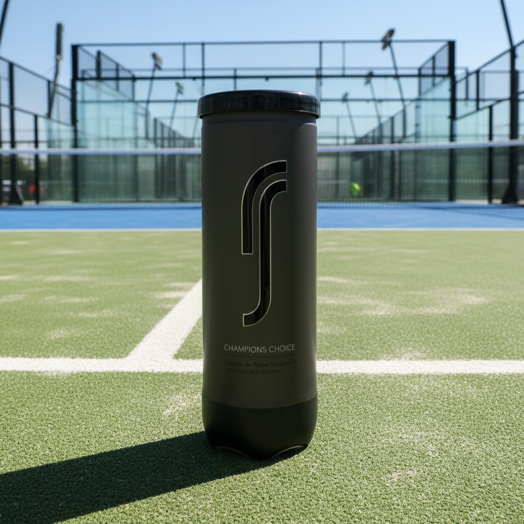 A tube of three RS Champions Choice Padel Balls with a black and dark gray design, featuring the number 3 and the brand name.