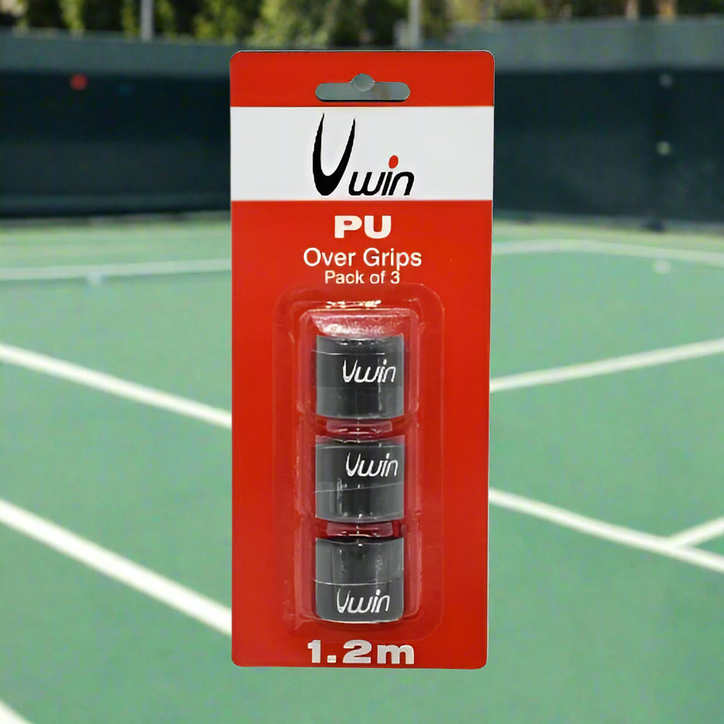 Pack of three Uwin PU over grips for rackets, displayed in retail packaging with red and white branding.