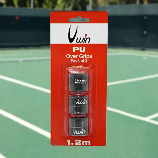 Pack of three Uwin PU over grips for rackets, displayed in retail packaging with red and white branding.