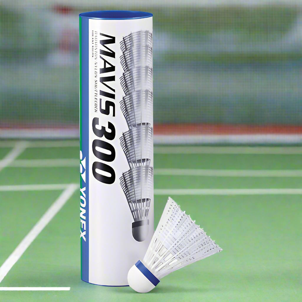 A tube of Yonex Mavis 300 white shuttlecocks, displaying the product name and the number of pieces in the tube.