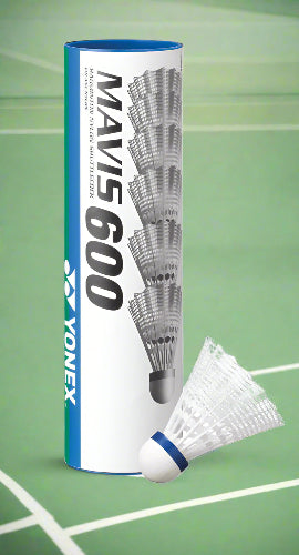 A tube of Yonex Mavis 600 shuttlecocks, featuring a single shuttlecock with a white body and blue details visible in the image.