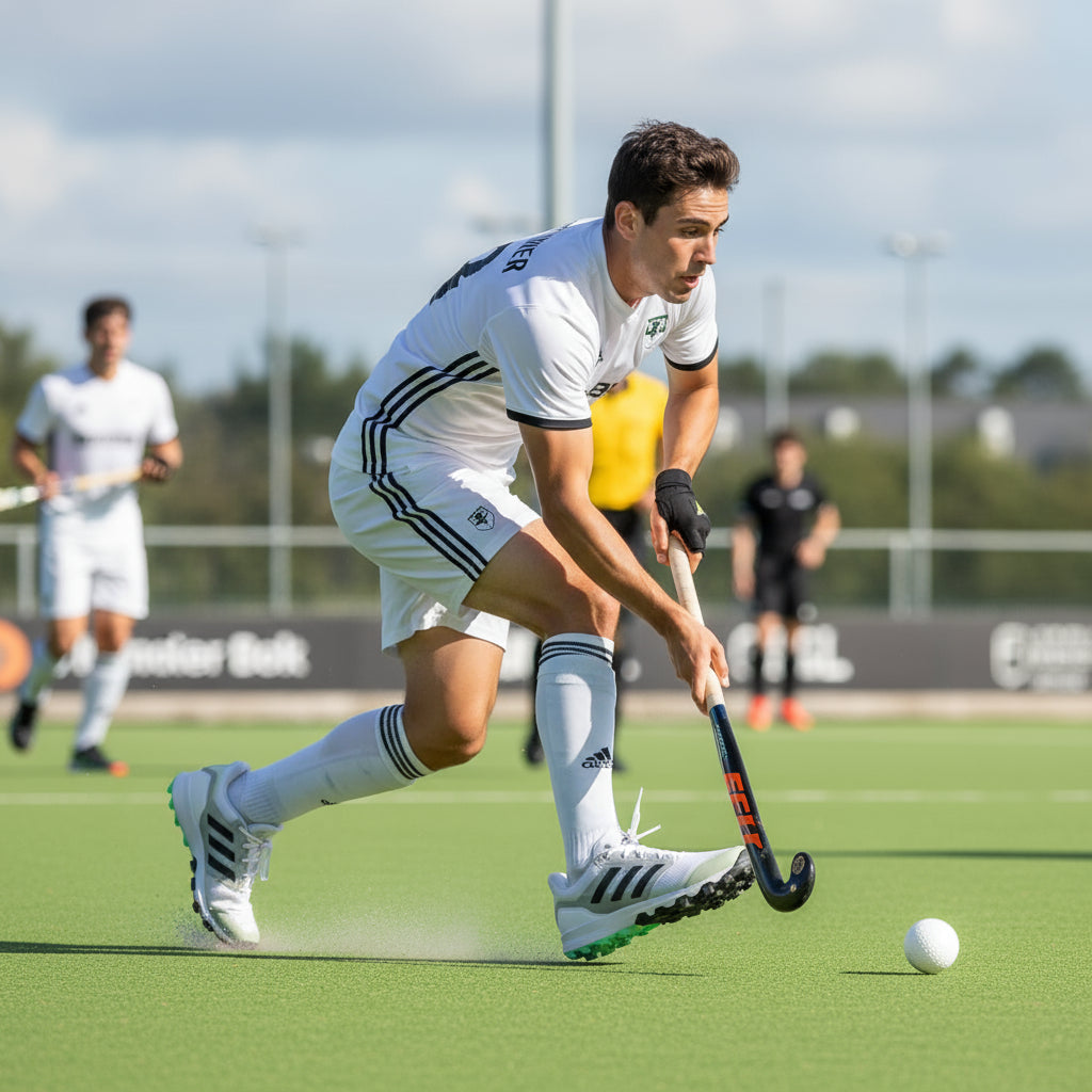 White athletic shoes with black stripes and green soles on a white background