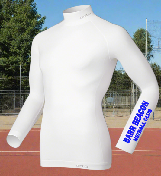 A white long sleeve baselayer for juniors with 'Barr Beacon Netball Club' printed in blue on the left arm.