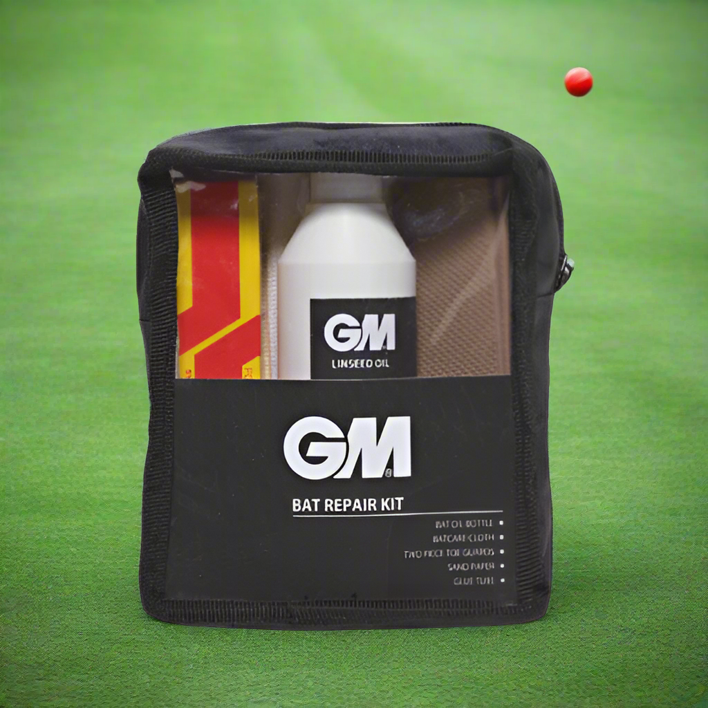 GM Bat Repair Kit packaging, displaying a bottle of linseed oil, a bat care cloth, sandpaper, a tube of glue, and a carrying case.