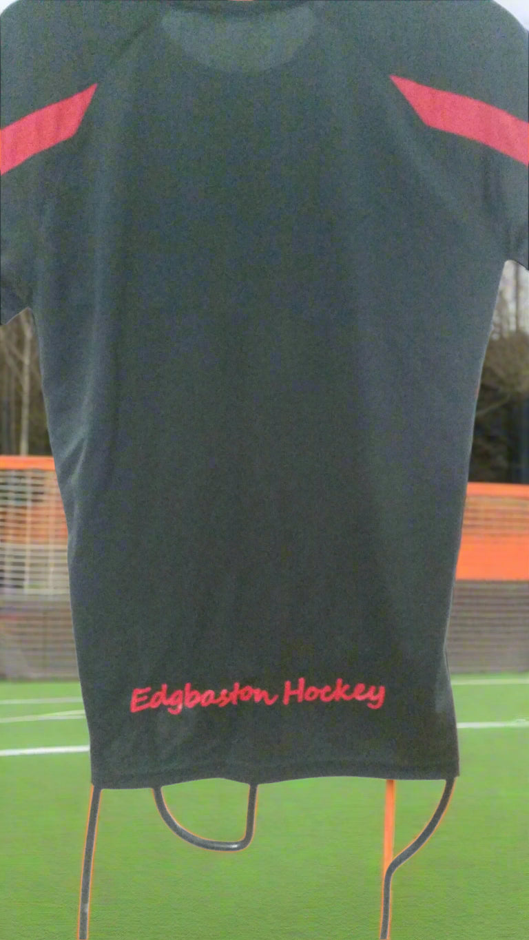 Black hockey jersey with red accents and 'Edgbaston Hockey' text on a white background