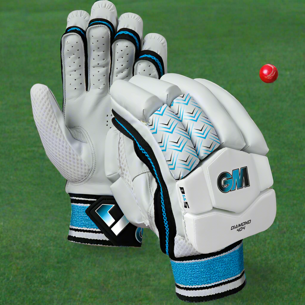 A pair of white and blue Gunn & Moore batting gloves with leather palms and padding on the back of the hand.