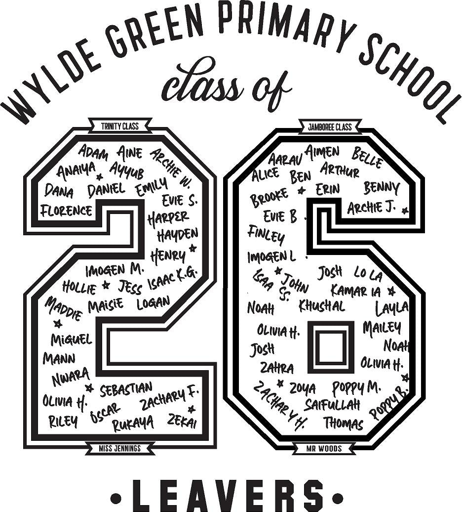 Wylde Green Primary School leavers' design with names and class details.
