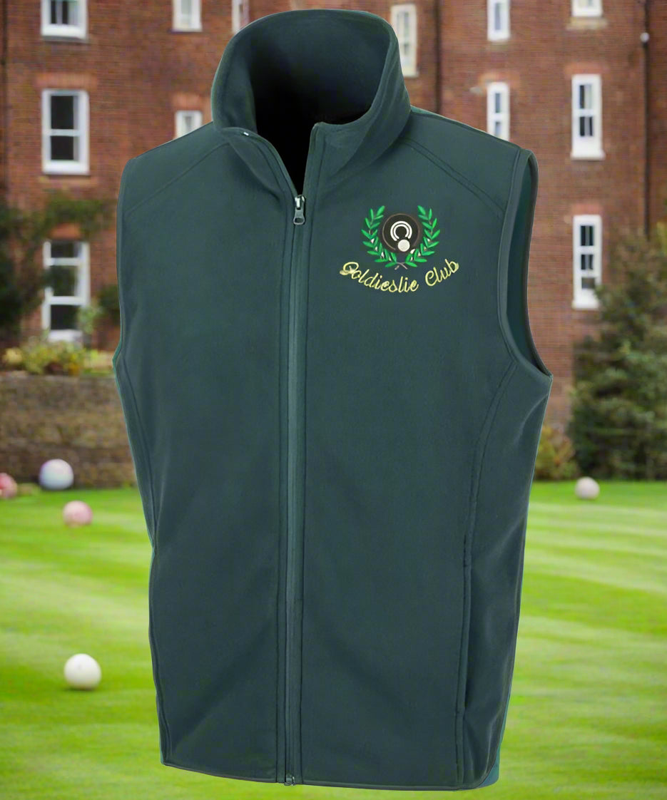 A green fleece body warmer with the Goldieslie Bowls Club logo embroidered on the front, featuring a V-neck, side pockets, and a front zipper.