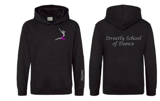 Black hoodie with a dance silhouette on the front and text on the back, displayed from front and back views.