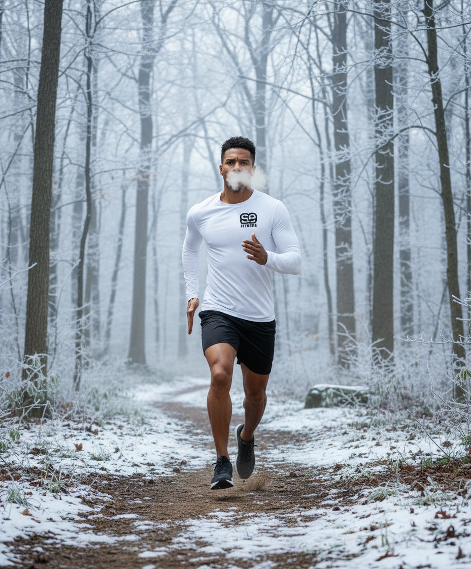 White long-sleeve shirt with a black logo on a white background