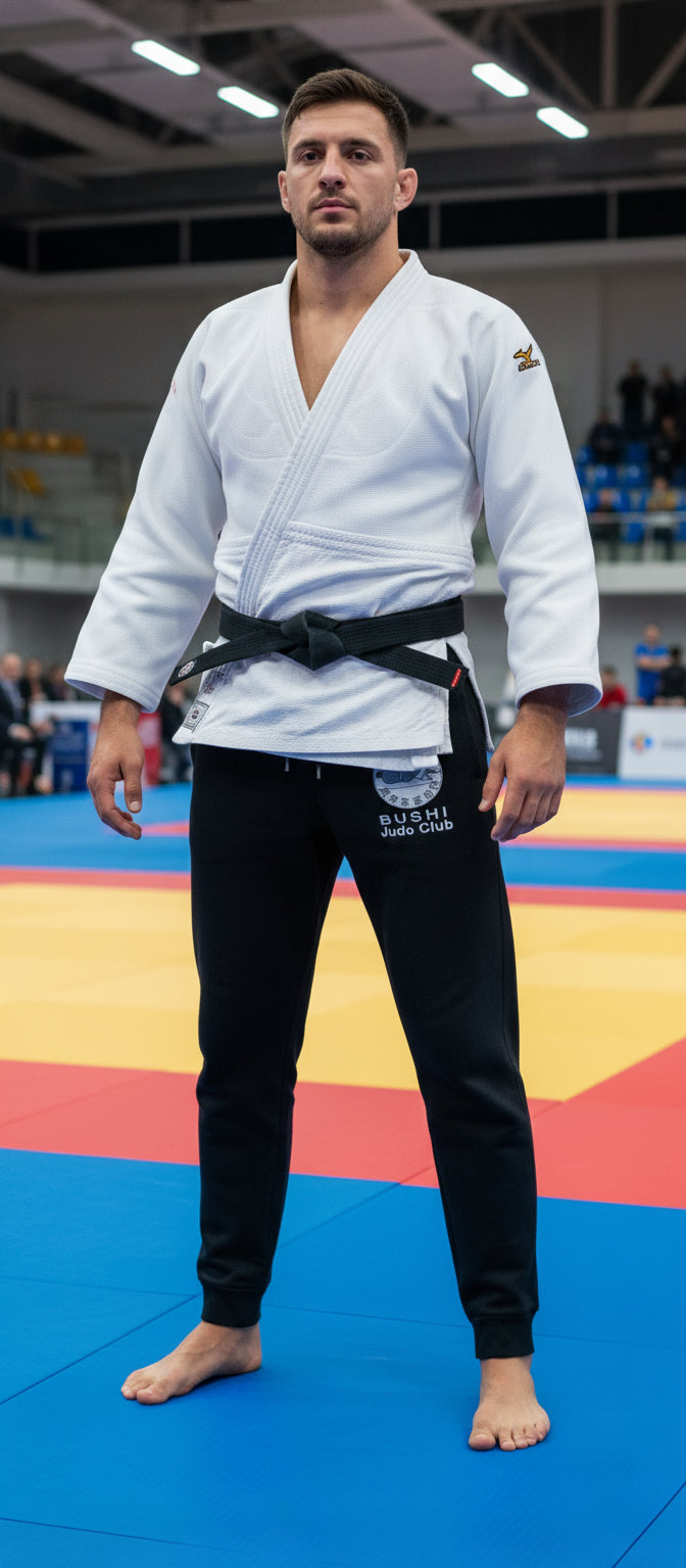 Men's black fitted joggers with the Bushi Judo Club logo embroidered on the left leg.