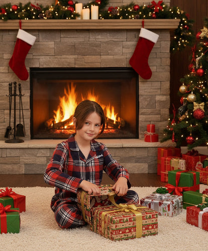 Child in pajamas opening a present in front of a fireplace and Christmas tree.
