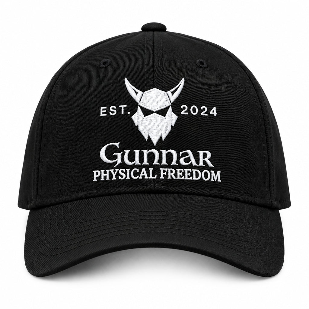 Black graphic design featuring a stylized horned helmet above the text 'EST. 2024 Gunnar PHYSICAL FREEDOM' on a white background.