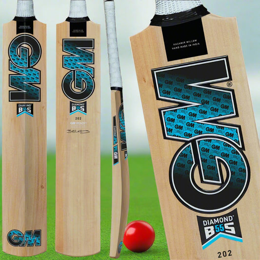 Three views of a cricket bat with branding and text, indicating it is a GM Diamond Cricket Bat by Duncan Fletcher, size 202.