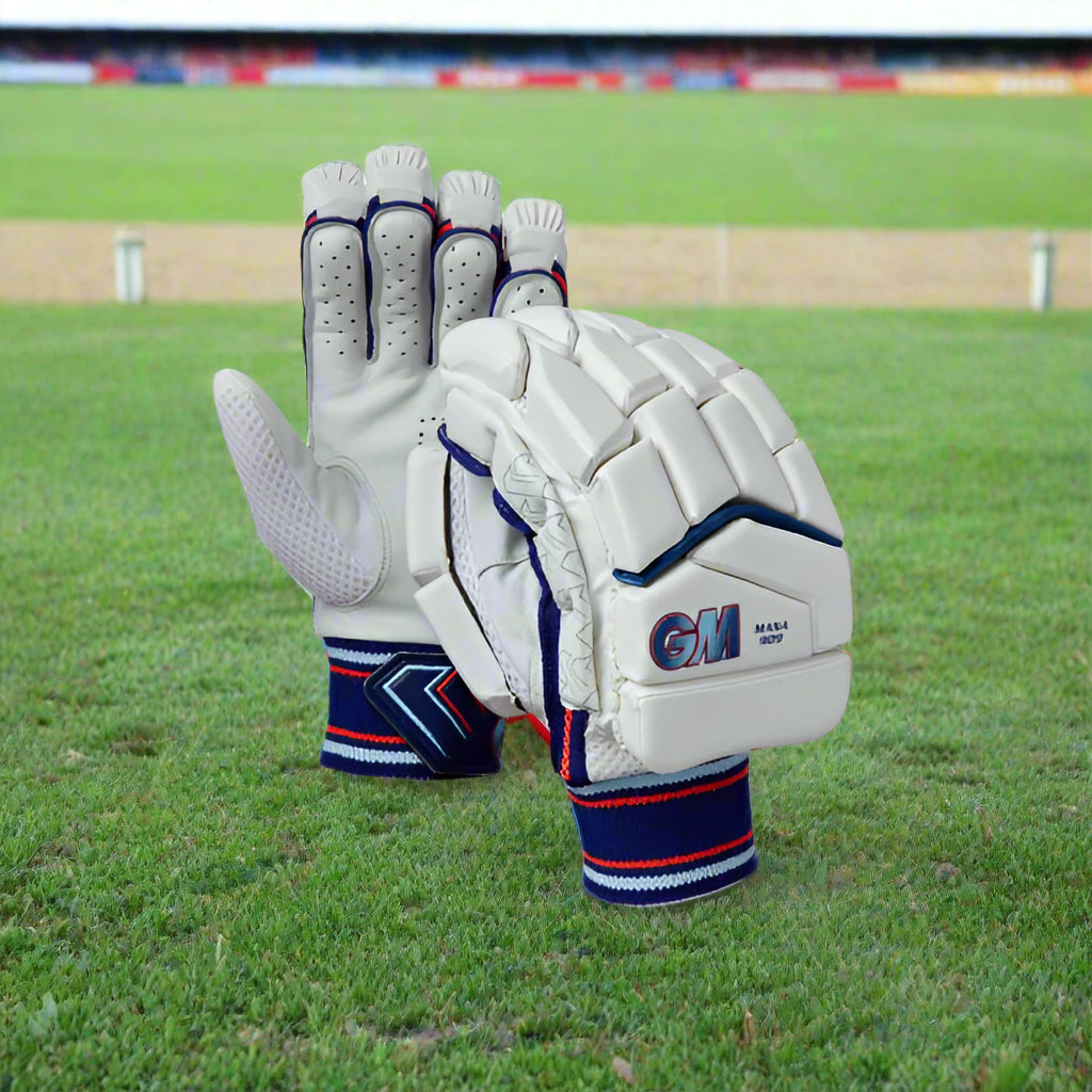 A pair of white, blue, and red Gunn & Moore Mana 909 batting gloves for cricket with leather palm and synthetic backhand.
