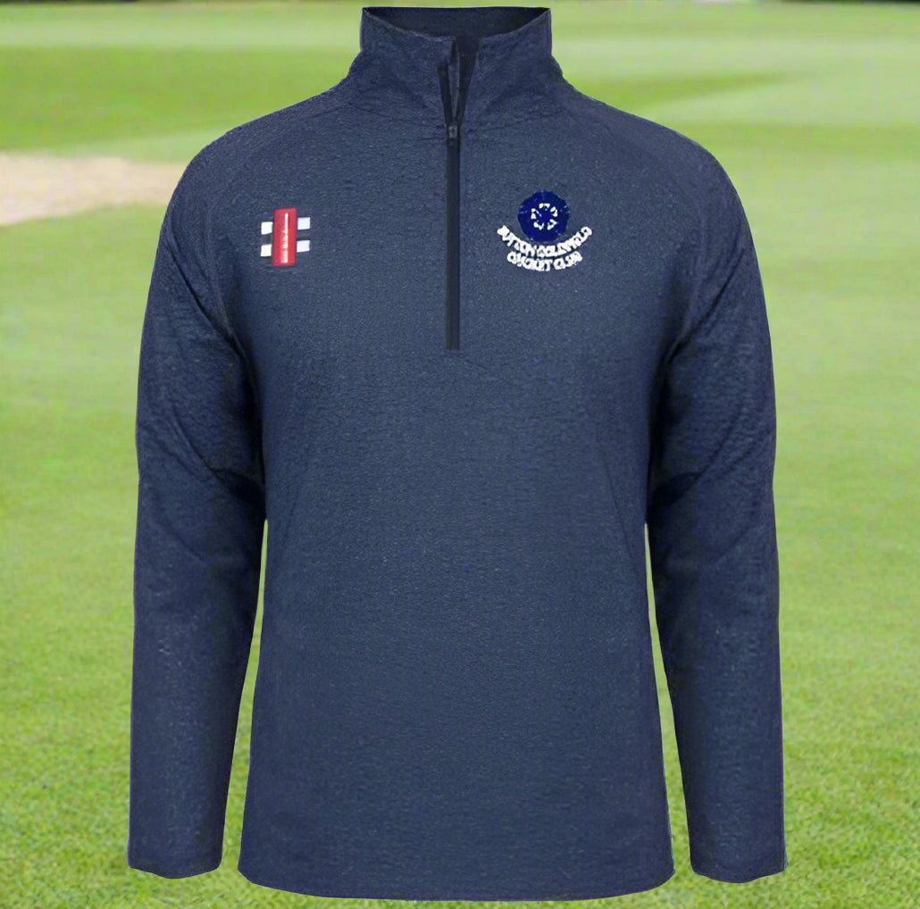 Navy melange midlayer zip-up sweater with the Sutton Coldfield Cricket Club logo on the left chest area.