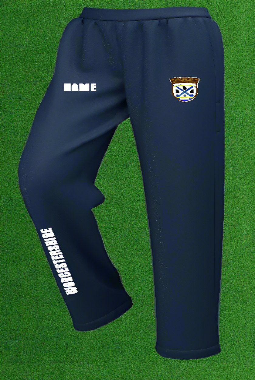 Navy sweatpants with worcestershire logo and text on a white background