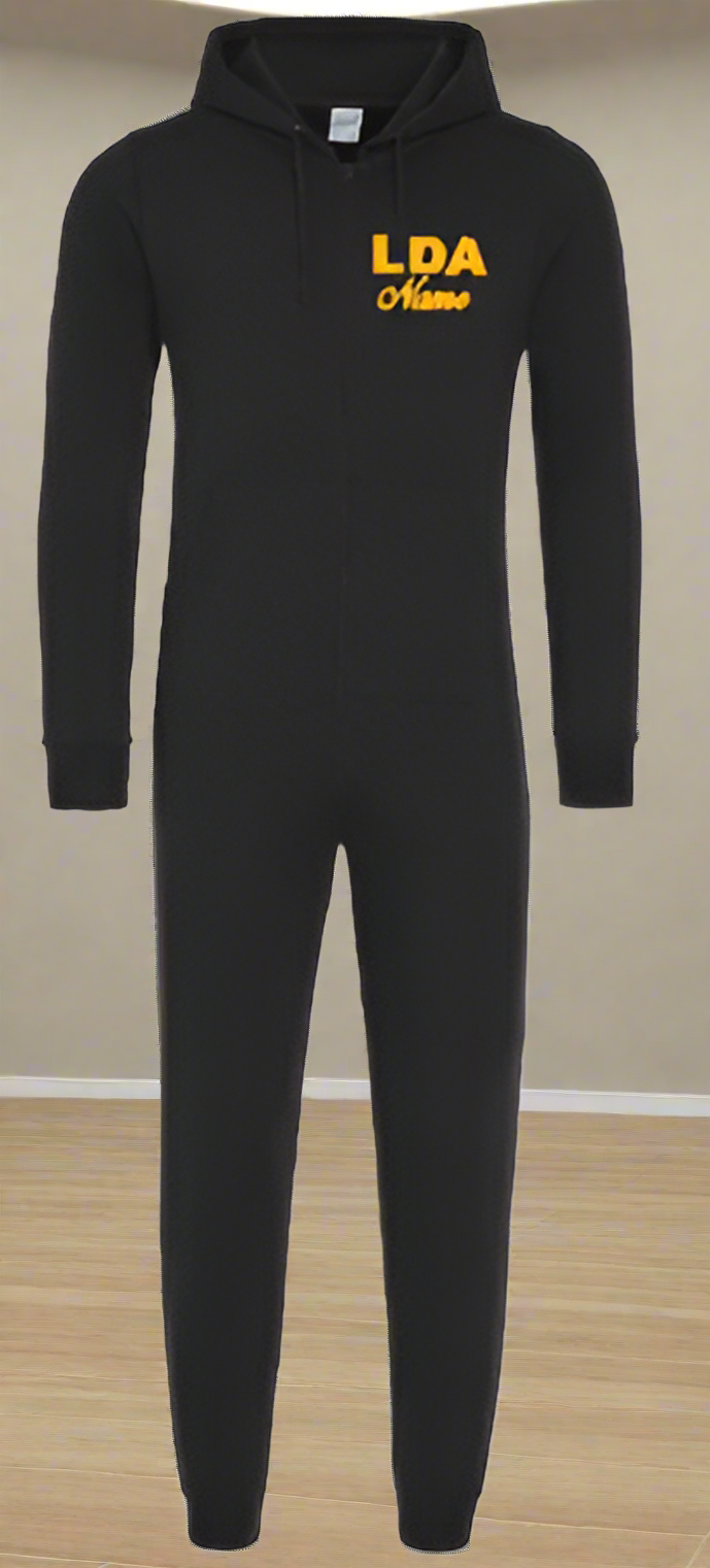 A black onesie with the L'areeva Dance Academy logo on the front and back, featuring a front zip opening.