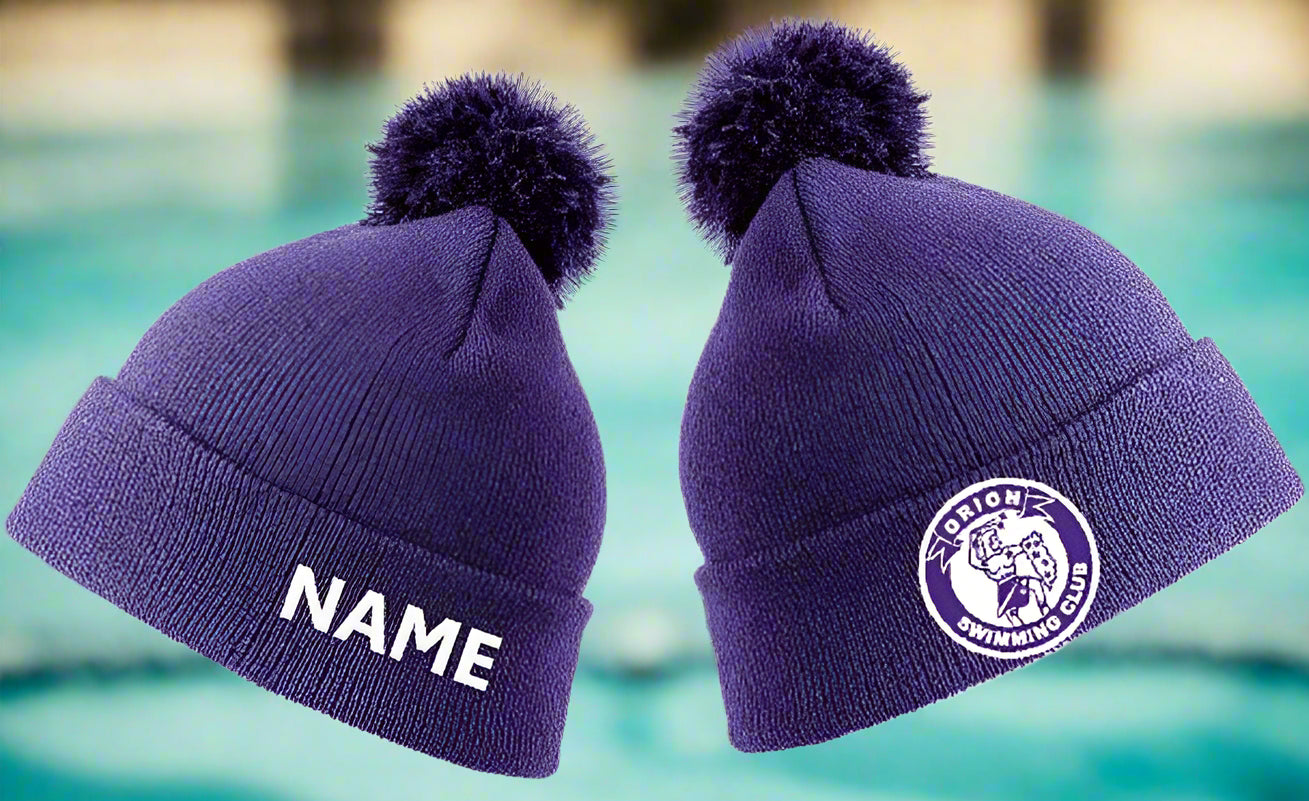 Two purple beanies with embroidered logos of orion swimming club and your name on the front.