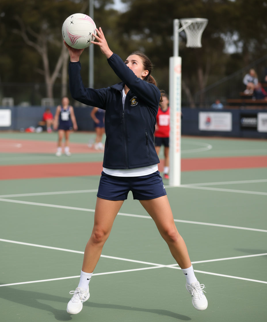 Navy blue jacket with a logo on a sports field background