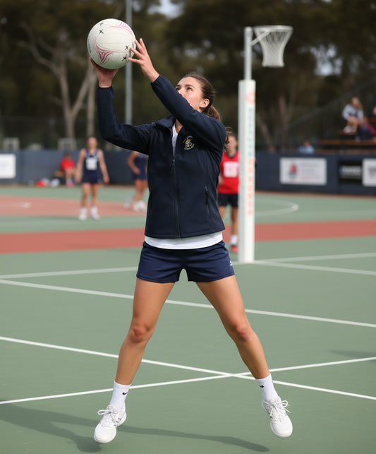 Navy blue jacket with a logo on a sports field background