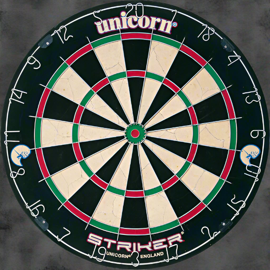 Unicorn Striker Bristle Dartboard with black, red, and green colors and white text indicating 'UNICORN' and 'STRIKER'.