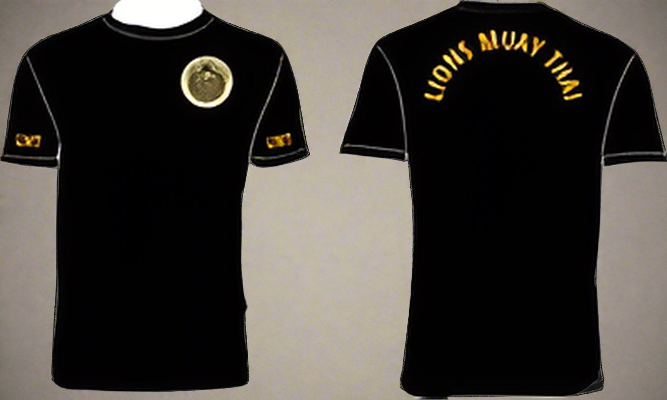 A black performance t-shirt with 'Lions Muay Thai' prints on the back and a logo on the front.