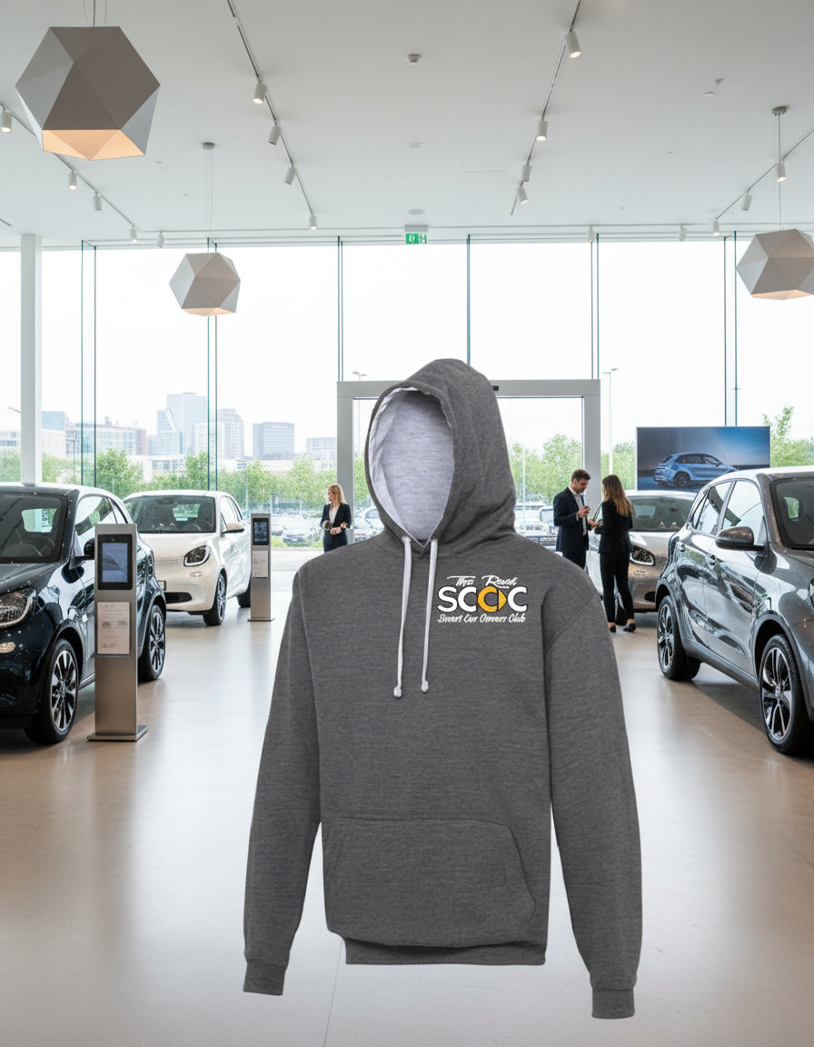 Gray hoodie with a logo on the chest against a white background