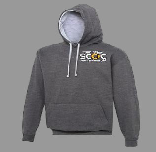 Gray hoodie with a logo on a white background