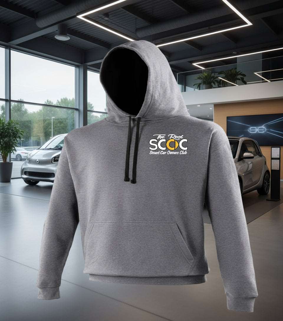 Gray hoodie with a logo on the chest against a white background